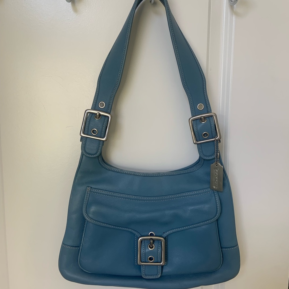 Coach Rare Vintage Light Blue Saddle Hippie Leather Purse